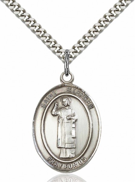 Men's Pewter Oval St. Stephen the Martyr Medal - 24" 2.4mm Rhodium Plate Endless Chain
