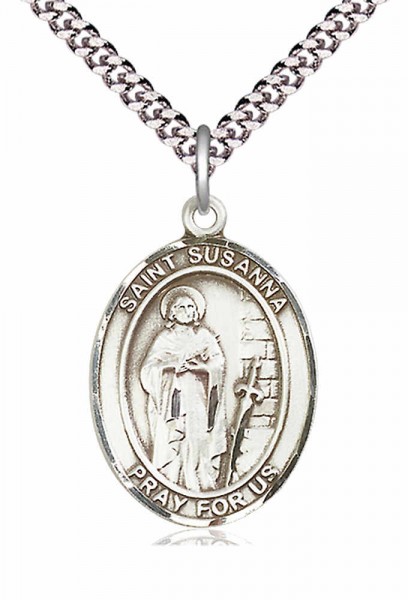 Men's Pewter Oval St. Susanna Medal - 24" 2.4mm Rhodium Plate Endless Chain
