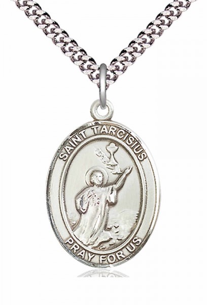 Men's Pewter Oval St. Tarcisius Medal - 24" 2.4mm Rhodium Plate Endless Chain