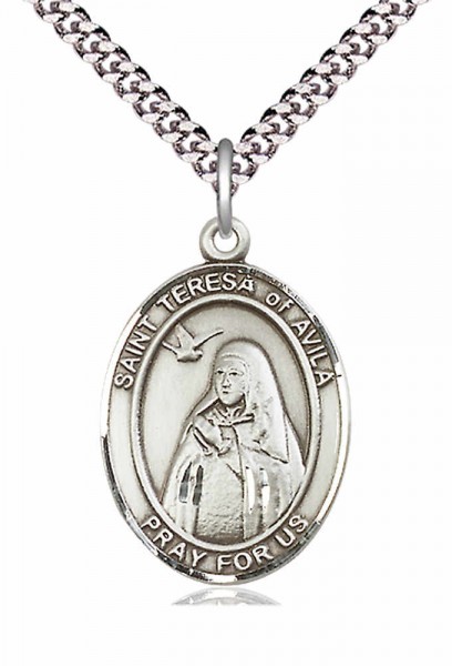 Men's Pewter Oval St. Teresa of Avila Medal - 24" 2.4mm Rhodium Plate Endless Chain