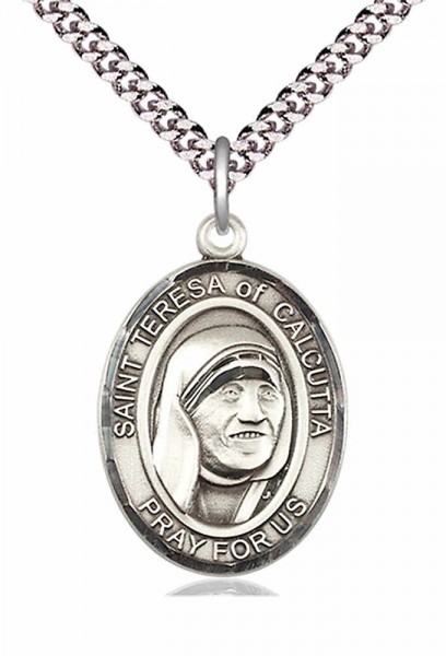 Men's Pewter Oval St. Teresa of Calcutta Medal - 20" Rhodium Plate Chain + Clasp