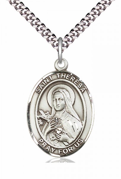 Men's Pewter Oval St. Theresa Medal - 24" 2.4mm Rhodium Plate Chain + Clasp