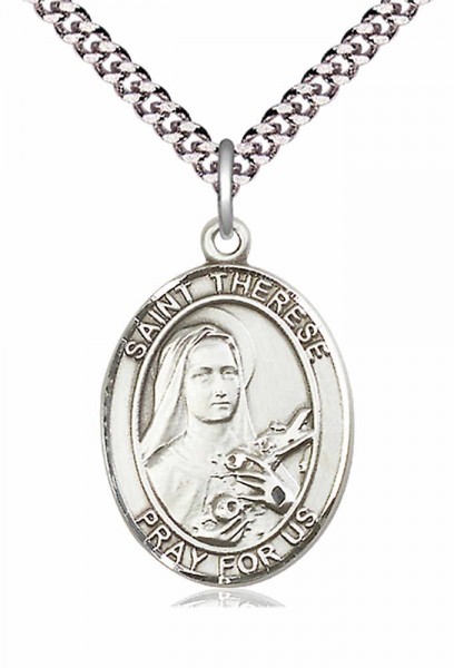 Men's Pewter Oval St. Therese of Lisieux Medal - 24" 2.4mm Rhodium Plate Endless Chain