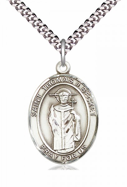 Men's Pewter Oval St. Thomas A Becket Medal - 24" 2.4mm Rhodium Plate Chain + Clasp