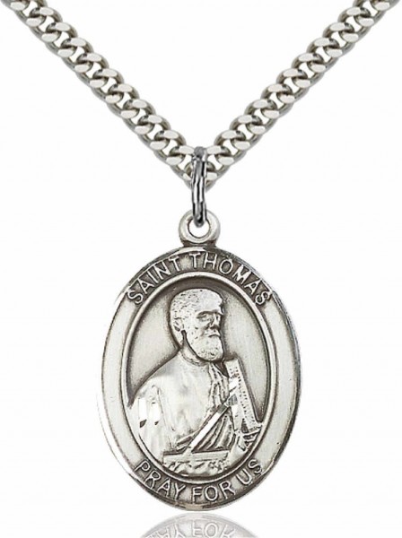 Men's Pewter Oval St. Thomas the Apostle Medal - 24" 2.4mm Rhodium Plate Chain + Clasp
