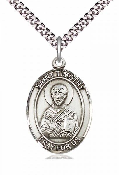 Men's Pewter Oval St. Timothy Medal - 24" 2.4mm Rhodium Plate Endless Chain