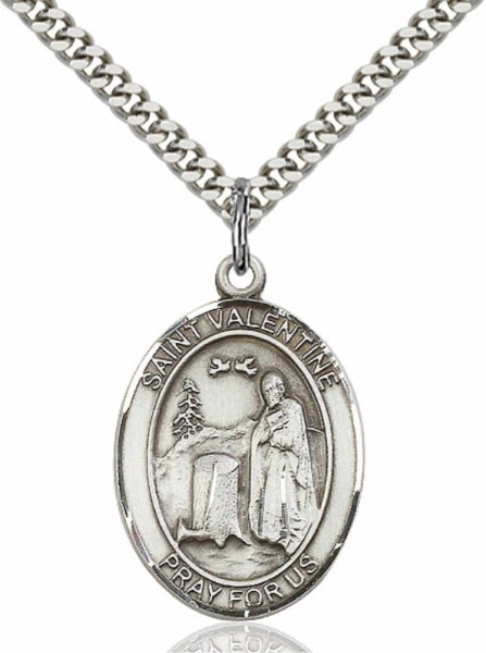 Men's Pewter Oval St. Valentine of Rome Medal - 24" 2.4mm Rhodium Plate Endless Chain
