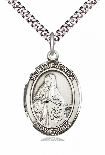 Men's Pewter Oval St. Veronica Medal - 24" 2.4mm Rhodium Plate Endless Chain