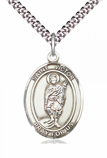 Men's Pewter Oval St. Victor of Marseilles Medal - 24" 2.4mm Rhodium Plate Endless Chain