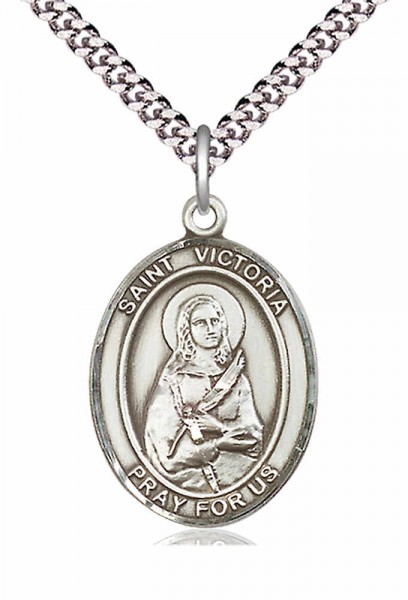 Men's Pewter Oval St. Victoria Medal - 24" 2.4mm Rhodium Plate Chain + Clasp