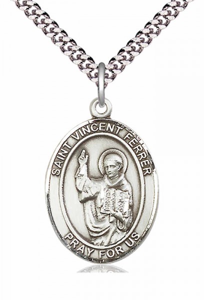Men's Pewter Oval St. Vincent Ferrer Medal - 20" Rhodium Plate Chain + Clasp