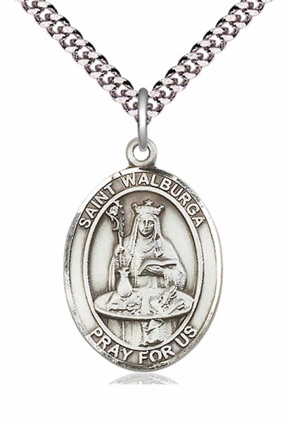 Men's Pewter Oval St. Walburga Medal - 24" 2.4mm Rhodium Plate Endless Chain