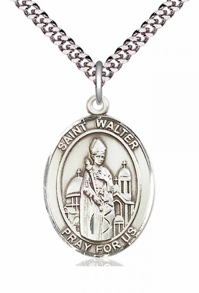 Men's Pewter Oval St. Walter of Pontnoise Medal - 20" Rhodium Plate Chain + Clasp
