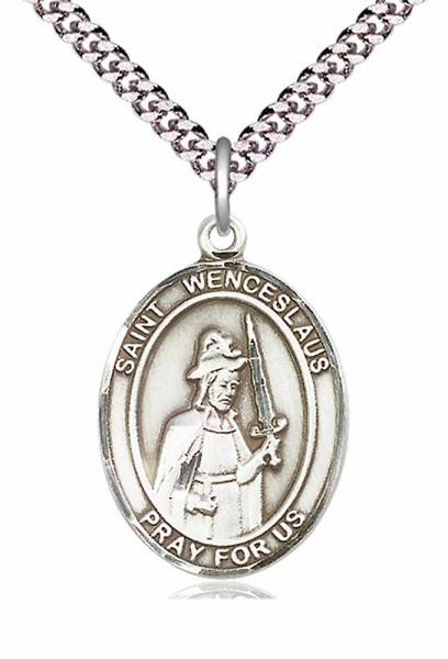 Men's Pewter Oval St. Wenceslaus Medal - 20" Rhodium Plate Chain + Clasp