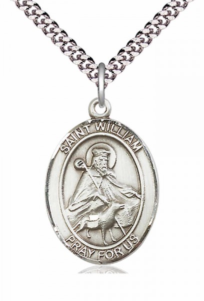 Men's Pewter Oval St. William of Rochester Medal - 24" 2.4mm Rhodium Plate Endless Chain