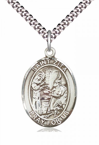 Men's Pewter Oval St. Zita Medal - 20" Rhodium Plate Chain + Clasp