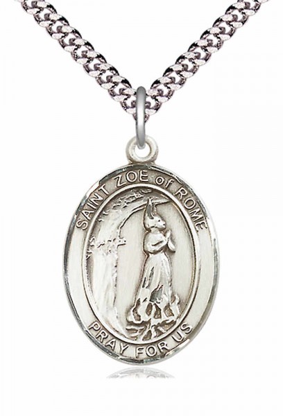 Men's Pewter Oval St. Zoe of Rome Medal - 24" 2.4mm Rhodium Plate Endless Chain
