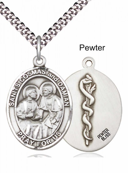 Men's Pewter Oval Sts. Cosmas and Damian Medal - 20" Rhodium Plate Chain + Clasp