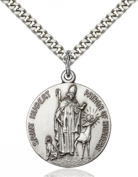 Men's Round Sterling Silver St. Hubert of Li&egrave;ge Medal - 24" 2.2mm Sterling Silver Chain + Clasp