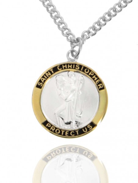 Men's Round Two-Tone Sterling Silver Saint Christopher Medal - 24" Sterling Silver Chain + Clasp