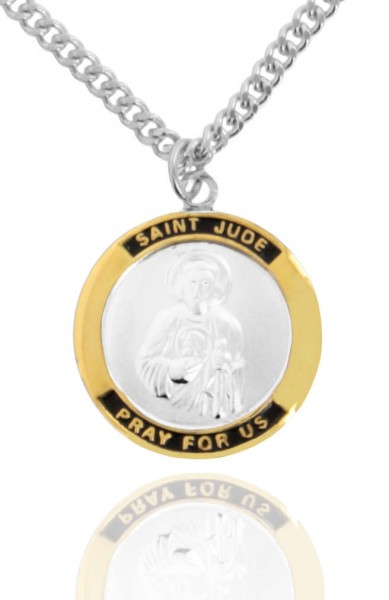 Men's Round Two-Tone Sterling Silver Saint Jude Medal - 24" 2.4mm Rhodium Plate Endless Chain