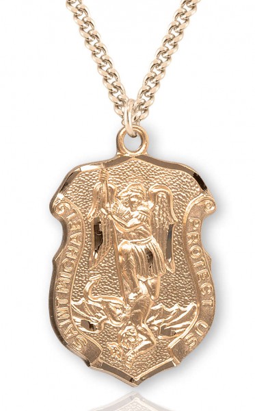 Men's Saint Michael Gold Plated Police Shield Necklace - 24" 2.4mm Gold Plated Chain + Clasp