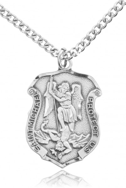 Men's Saint Michael Sterling Silver Police Shield Necklace with Chain Options - 27" 3mm Stainless Steel Endless Chain