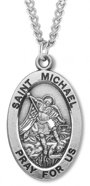 Men's Sterling Silver Oval St. Michael Necklace with Chain Options - 24" 3mm Stainless Steel Chain + Clasp