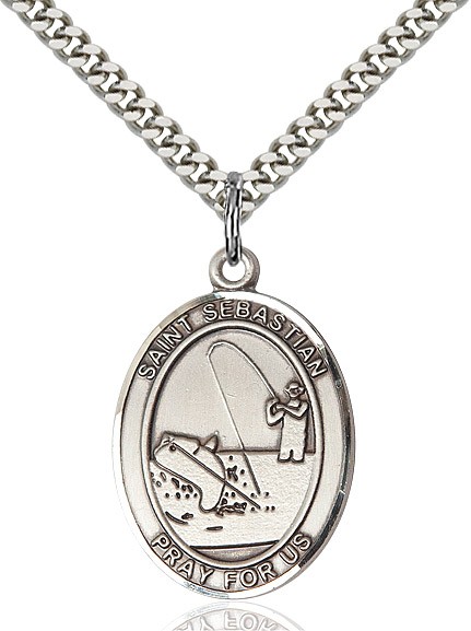 Men's Sterling Silver Oval St. Sebastian Fishing Medal - 24" 2.4mm Rhodium Plate Endless Chain