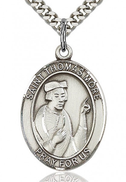 Men's Sterling Silver Oval St. Thomas More Medal - 24" 2.2mm Sterling Silver Chain + Clasp