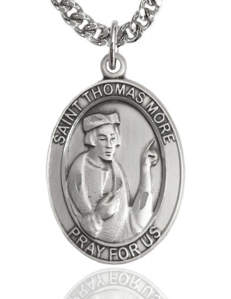 Men's Sterling Silver Oval St. Thomas More Medal - 24" 2.4mm Rhodium Plate Endless Chain