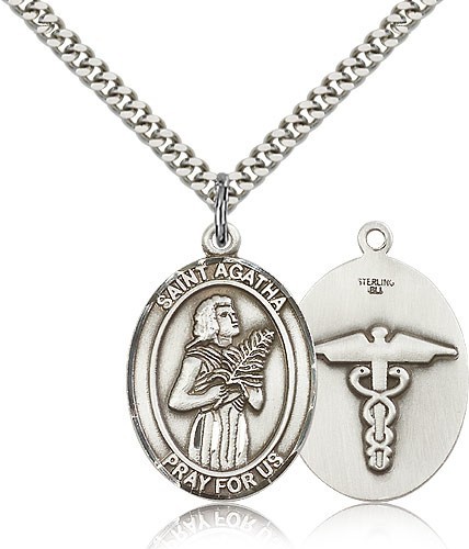 Men's Sterling Silver Saint Agatha Oval Medal with Caduceus - 24" 2.4mm Rhodium Plate Chain + Clasp