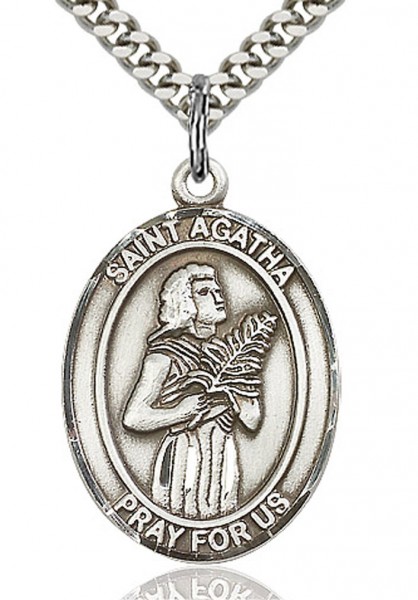 Men's Sterling Silver Saint Agatha Oval Medal - 20" Rhodium Plate Chain + Clasp