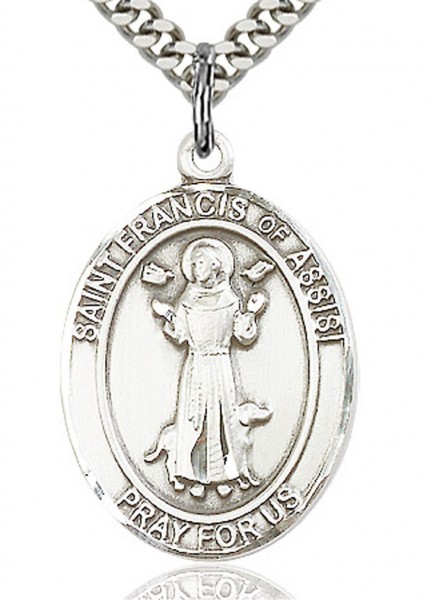Men's Sterling Silver Saint Francis of Assisi Medal - 24" 2.2mm Sterling Silver Chain + Clasp