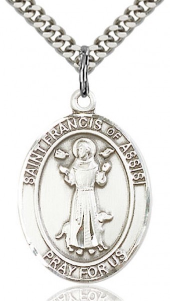 Men's Sterling Silver Saint Francis of Assisi Medal - 24" 2.4mm Rhodium Plate Endless Chain