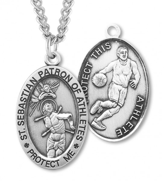 Men's Sterling Silver Saint Sebastian Basketball Oval Necklace - 24" 3mm Stainless Steel Chain + Clasp