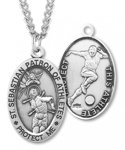Men's Sterling Silver Saint Sebastian Soccer Oval Necklace - 24" 3mm Stainless Steel Chain + Clasp