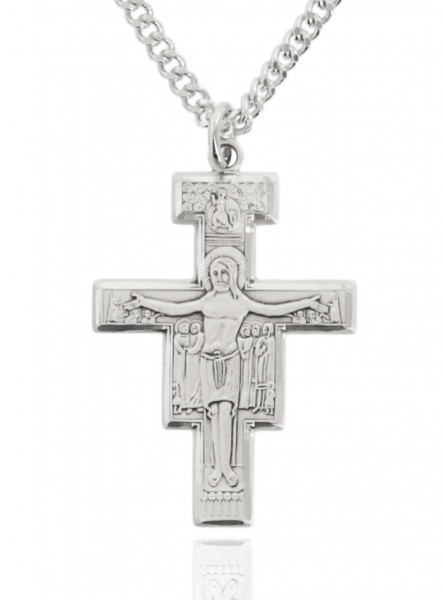 Men's Sterling Silver San Damiano Crucifix - 24" 2.2mm Sterling Silver Chain + Clasp