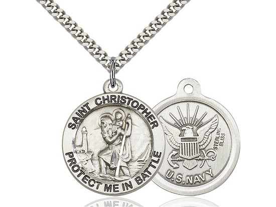 Men's Sterling Silver St Christopher Navy Pendant - 24" 2.2mm Sterling Silver Chain + Clasp