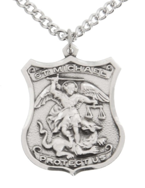Men's Sterling Silver St Michael Medal - 24" Stainless Steel Chain + Clasp