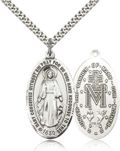 Miraculous Medal, Sterling Silver - 24" Sterling Silver Chain + Clasp