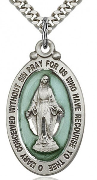 Miraculous Medal, Sterling Silver - 24" 2.4mm Rhodium Plate Chain + Clasp