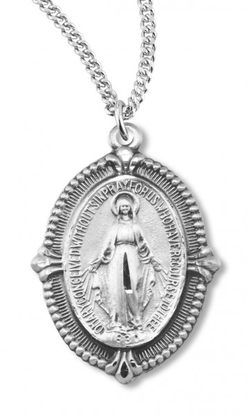 Women's Sterling Silver Oval Miraculous Necklace Beaded Border with Chain Options - 20" 2.2mm Stainless Steel Chain with Clasp