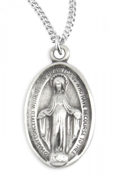 Women's Sterling Silver Simple Oval Miraculous Necklace with Chain Option - 20" 1.8mm Sterling Silver Chain + Clasp