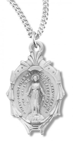 Women's Sterling Silver Miraculous Center Necklace Edged Border with Chain Options - 20" 1.8mm Sterling Silver Chain + Clasp