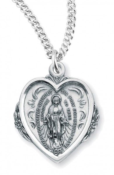 Women's Sterling Silver Heart Shaped Miraculous Necklace, Sterling Silver with Chain - 20" 2.2mm Stainless Steel Chain with Clasp