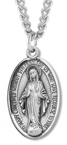 Men's Sterling Silver Classic Oval Miraculous Necklace Etched Border with Chain Options - 24" Sterling Silver Chain + Clasp