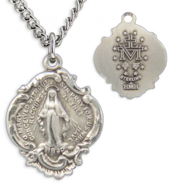 Women's Small Sterling Silver Miraculous Necklace Baroque Style with Chain Options - 20" 2.2mm Stainless Steel Chain with Clasp