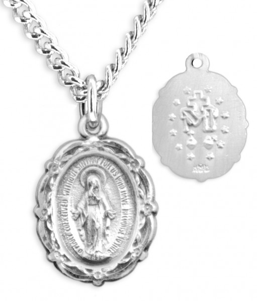 Women's Florette Border Miraculous Necklace with Fancy Edge, Sterling Silver with Chain Options - 18" 2.2mm Stainless Steel Chain + Clasp