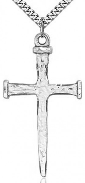Large Nail Cross Pendant, Sterling Silver - 24" 2.4mm Rhodium Plate Chain + Clasp